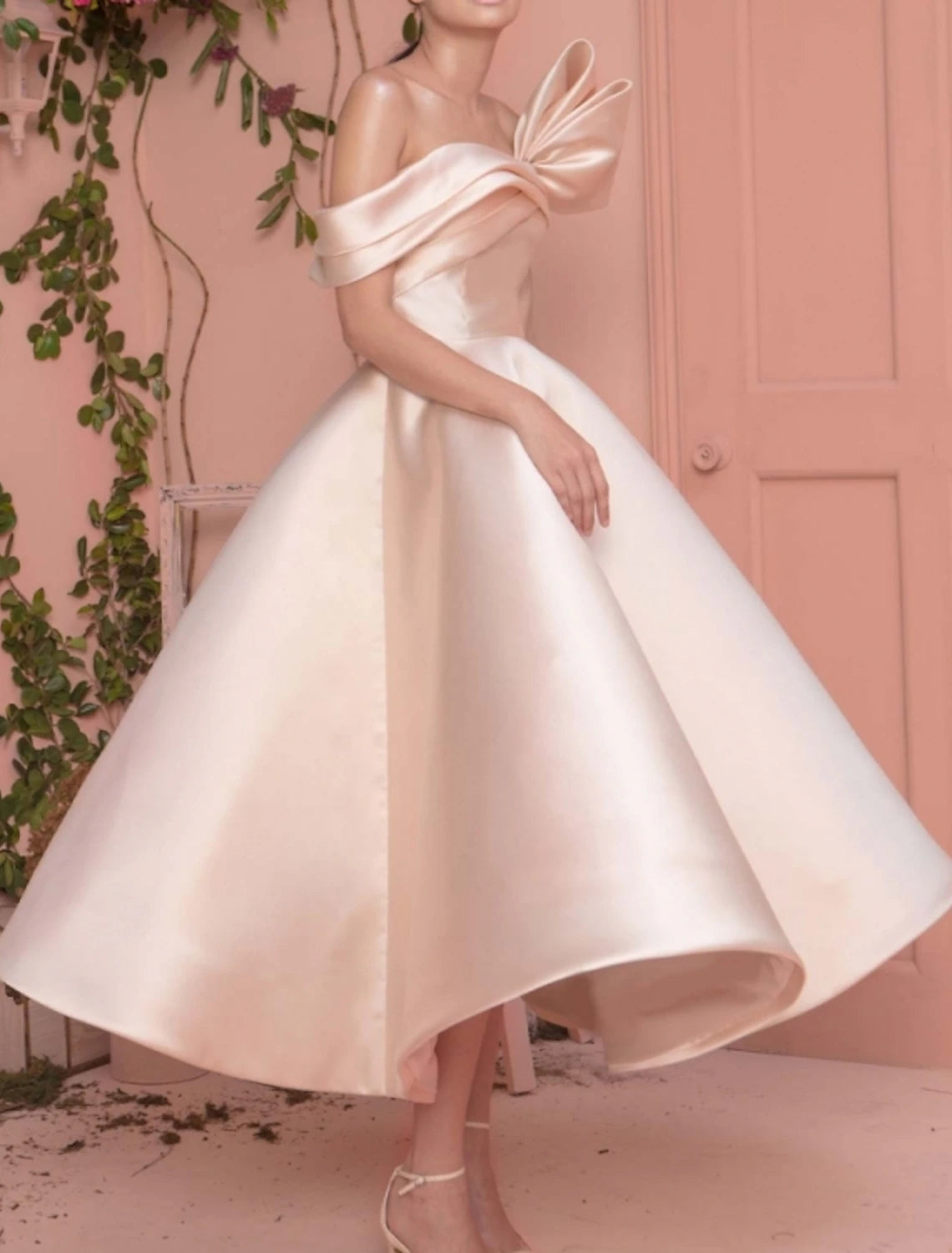 Women's Cap-Sleeve DressesA-Line Minimalist Elegant Engagement Prom Valentine's Day Dress Off Shoulder Short Sleeve Ankle Length Satin with Sleek