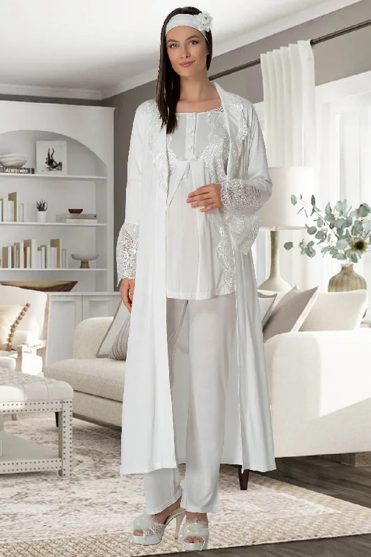 women's pajamas for those who seek cozy, all-night comfortShopymommy 5353 Lace Collar 3-Pieces Maternity & Nursing Pajamas With Robe Ecru