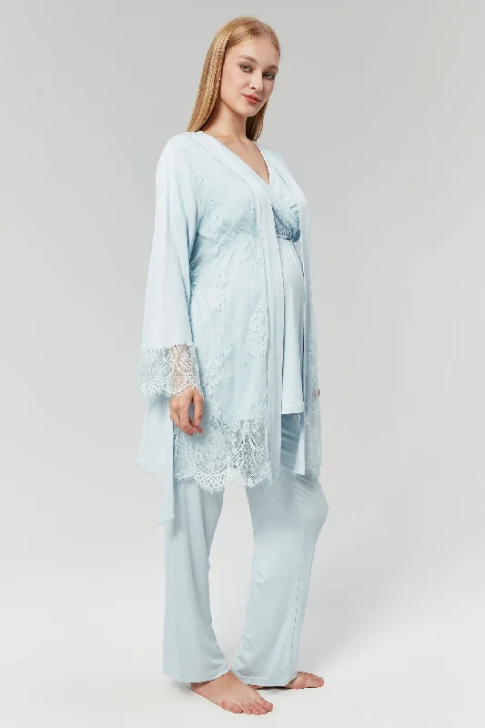 women's pajamas with a sophisticated, modern twistShopymommy 531 Lace Robe Double-Breasted Maternity Pajama Set Blue