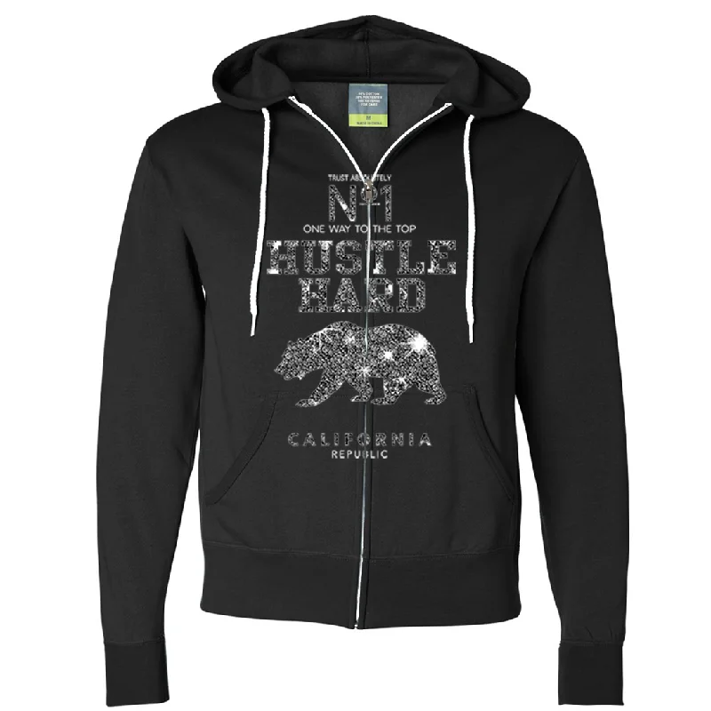 Women's Hooded Sweatshirts with Flannel LiningCalifornia Hustle Hard Sparkle Zip-Up Hoodie