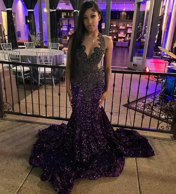 Women's Notched Collar DressesSparkly Diamonds Purple Long Prom Dress 2024 For Black Girls Beads Crystals Rhinestones Birthday Party Reception Robe