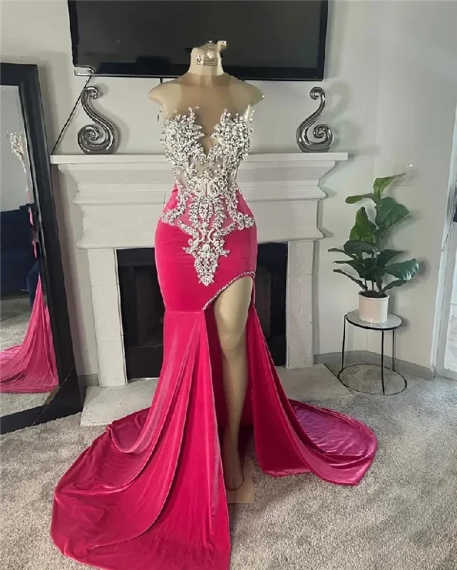 Women's Boat Collar DressesNew 2024 Sparkly O Neck Long Prom Dress Black Girls Beaded Crystal Birthday Party Dresses Evening Gowns High Slit Gown Robe