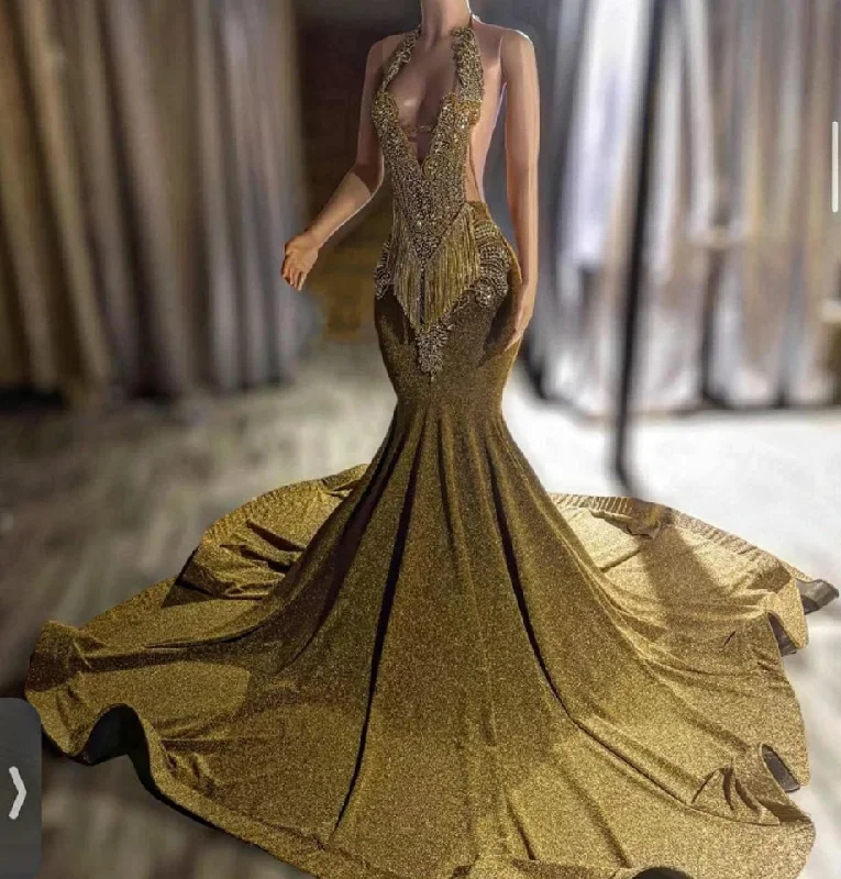 Women's Tiered DressesSparkly Gold Diamonds Prom Dress Court Train Beads Crystals Rhinestones Wedding Reception Evening Gown Birthday Party Gown