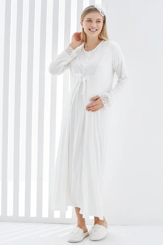 women's pajamas with a snug fitShopymommy 2270 Lace Detailed Maternity & Nursing Nightgown With Robe Ecru