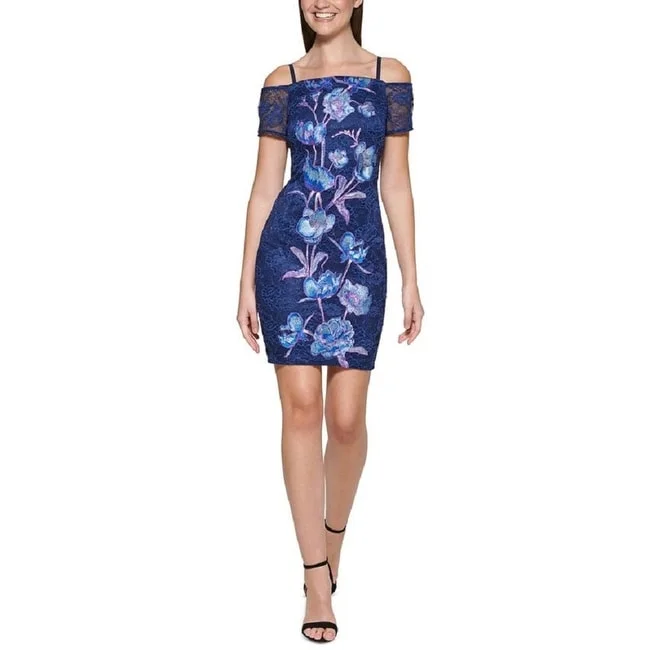 Women's U-Shaped-Neck DressesGuess Women's Embroidered Floral Bodycon Dress Blue Size 14