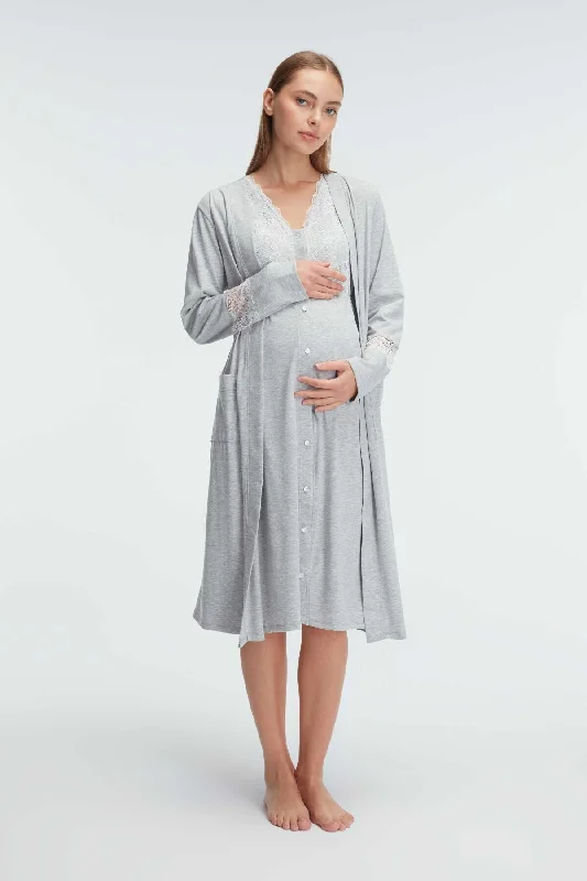 women's pajamas with a perfect blend of style and comfortShopymommy 11309 Lace Collar Maternity & Nursing Nightgown With Robe Grey