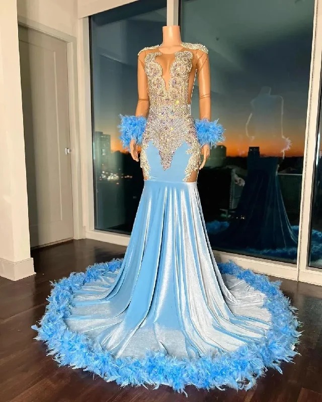 Women's Empire Waist DressesNew Blue Velvet Mermaid Luxurious Prom Dresses Beaded Crystals Feather Evening Formal Party Second Reception Birthday Party