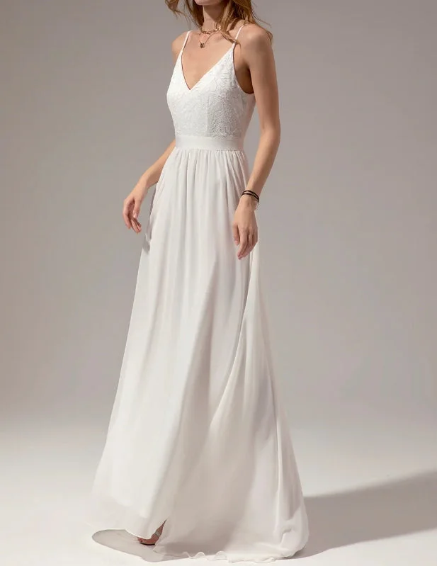 Women's Notched Collar DressesWhite Long Chiffon Bridesmaid Maxi Dress