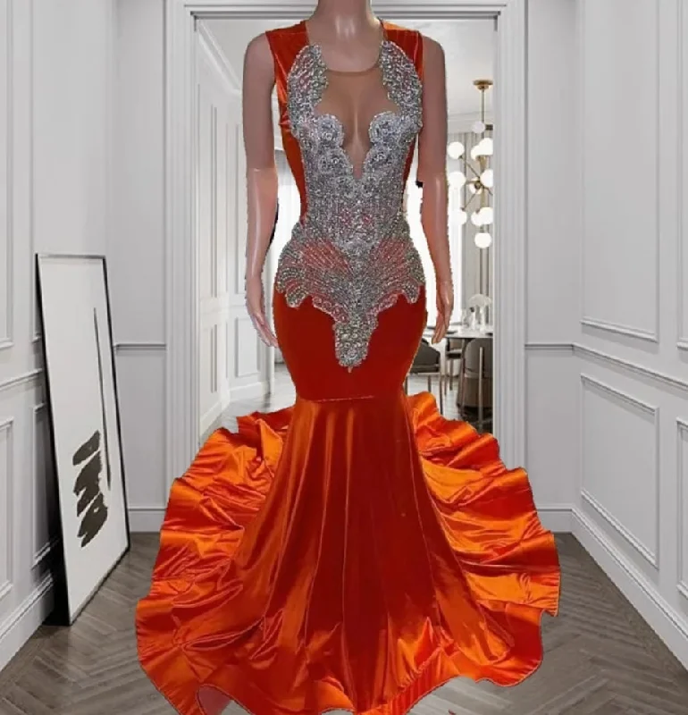 Women's V-Shaped-Neck DressesNew Arrival 2024 Orange Mermaid Prom Dress 2024 Glitter Silver Beads Crystals Rhinestones Wedding Party Gown Robe De Bal