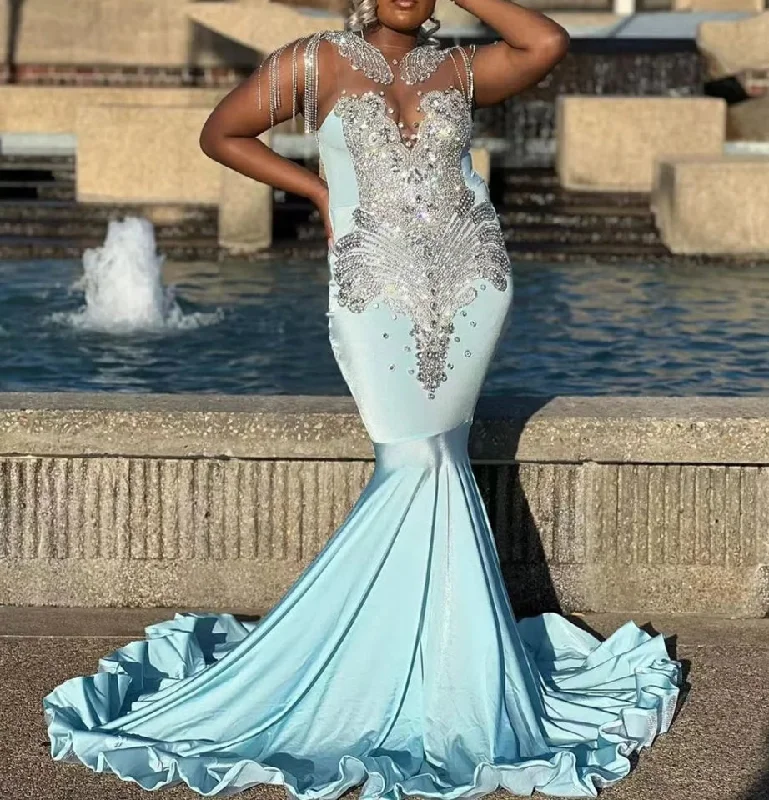 Women's Keyhole-Neck DressesSky Blue Mermaid Silver Rhinestones Prom Dress Luxury Black Girls Tassels Wedding Dress Birthday Party Gown African robe de bal