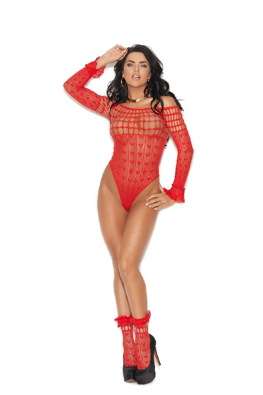 body shaper with silicone grip strips for no-slip wearOff the shoulder, long sleeve heart pattern crochet teddy