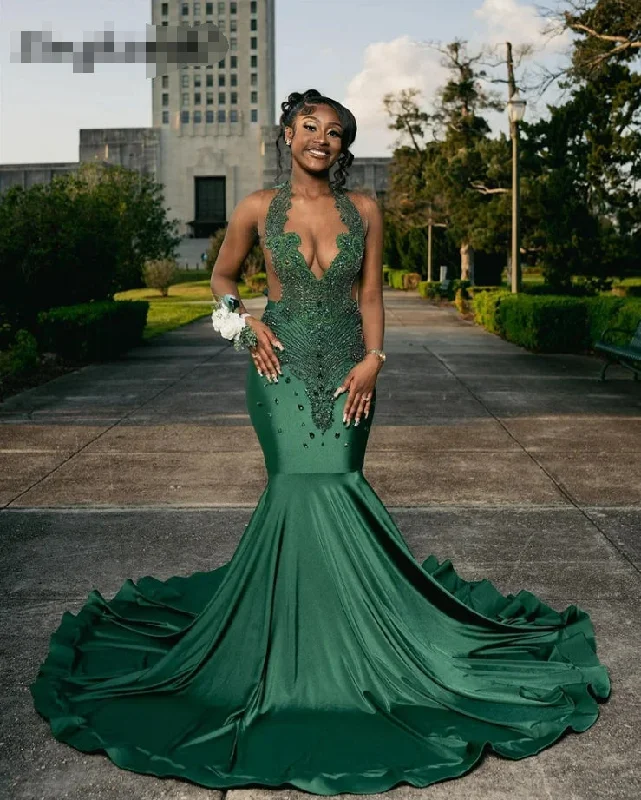 Women's Flared DressesLuxury Sparkly Diamonds Dark Green Prom Dress 2024 Sheer Neck Crystals Beads Rhinestone Party Dress Wedding Gown Robe