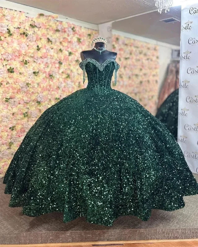 Women's Lapel Collar DressesSparkly Emerald Green Ball Gowns Quinceanera Dresses Formal Off-Shoulder Appliques Sweet 15 Prom Party Dress