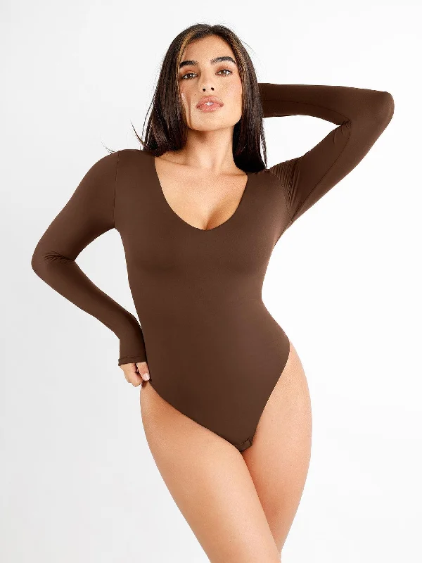 plus-size waist trainer with flexible boning for comfortCloudSense Seamless V-Neck Long-Sleeve Bodysuit