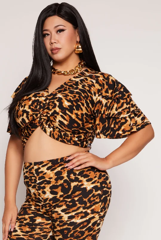 Women's Animal Print ShortsPlus Size Tiered Sleeve Twist Front Crop Top