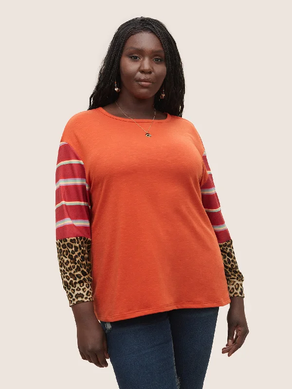 Women's Blouse with Cropped LengthStriped Patchwork Leopard Round Neck Sweatshirt