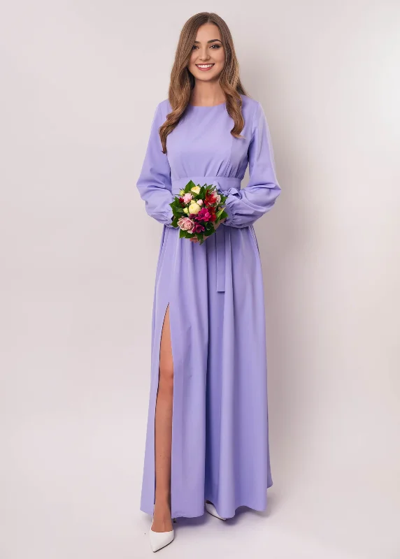 Women's High Collar DressesLight Purple Long Slit Maxi Party Dress With Belt Bridesmaid Dress Cocktail Dress Wedding Guest Dress