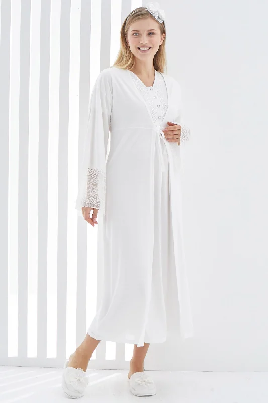 women's pajamas with a touch of eleganceShopymommy 2269 Maternity & Nursing Nightgown With Lace Flywheel Arm Robe Ecru