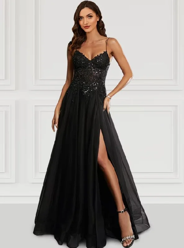 Women's Collarless DressesA-Line Prom Dresses Black Dress Party Wear Floor Length Sleeveless Spaghetti Strap Tulle with Glitter Slit