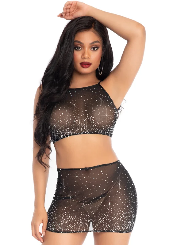 plus-size women's pajama pantsLeg Avenue  Spandex Sheer Rhinestone Crop Top And Mini Skirt  86152