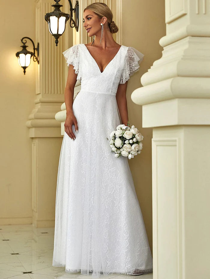 Women's Empire Waist DressesElegant Maxi Lace Wedding Dress with Ruffle Sleeves