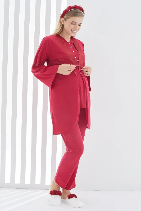 women's pajamas with a subtle shimmerShopymommy 3410 Lace Collar 3-Pieces Maternity & Nursing Pajamas With Robe Red