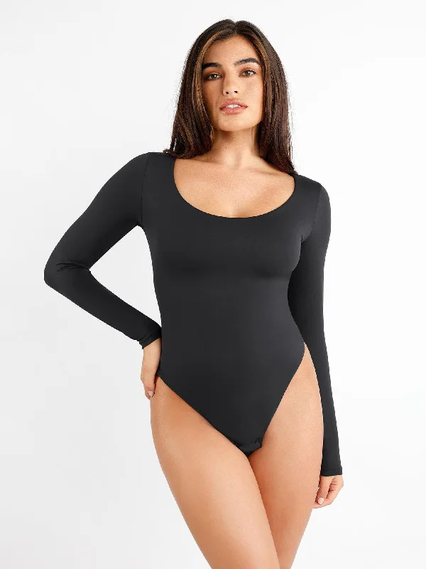 plus-size body brief with tummy controlCloudSense Seamless Scoop-Neck Long-Sleeve Bodysuit