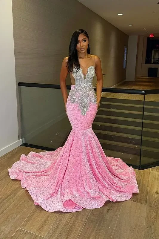 Women's Narrow Collar DressesLuxury Pink Sequin Mermaid Long Prom For Black Girl Beads Crystals Birthday Party Gowns Formal Evening Dress فساتين السهرة