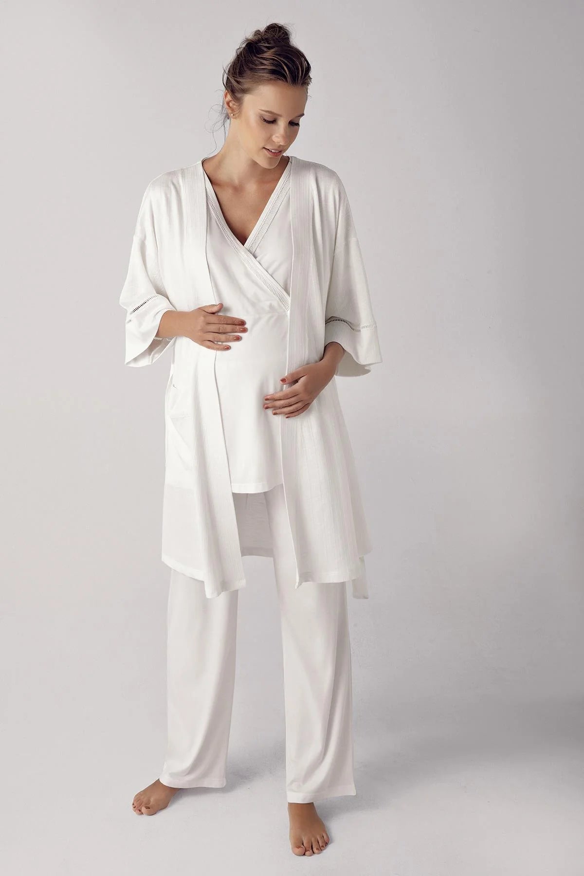 cozy women's flannel pajamasShopymommy 10302 Double Breasted 3-Pieces Maternity & Nursing Pajamas With Robe Ecru