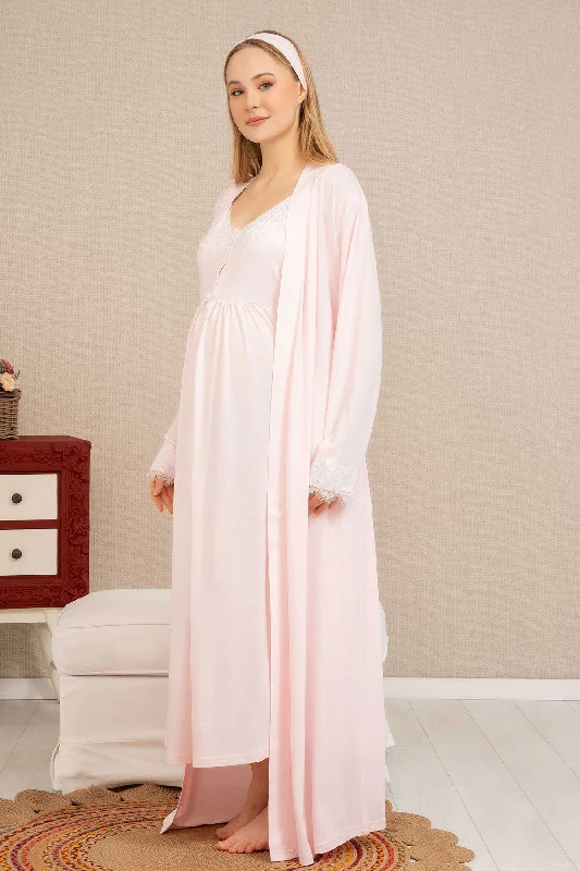 women's pajamas for campingShopymommy 4514 Double Breast Feeding Maternity & Nursing Nightgown With Lace Sleeve Robe Powder