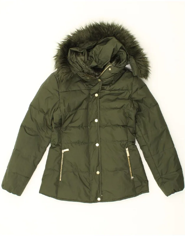 Women's Coats with Fur Trimmed PocketsVINTAGE Womens Hooded Padded Jacket UK 12 Medium Green Polyester