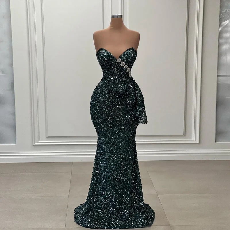 Women's Square-Neck DressesSparkle Crystals Sequins Mermaid Evening Dress Sexy Strapless Flowers Long Prom Party Dresses Real Image Sequined Celebrity Gown