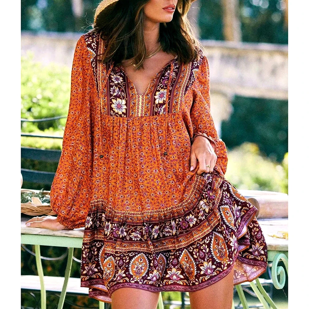 Women's V-Neck DressesFashionSierra-Lantern Long Sleeve  Mini  Women  Floral Print  Tunic  Robe  Autumn  Short  Vintage  V-neck  Loose  Vestidos Boho Dress