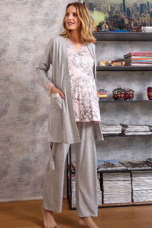 women's pajamas with a modern twistShopymommy 5543 Patterned 3-Pieces Maternity & Nursing Pajamas With Melange Robe