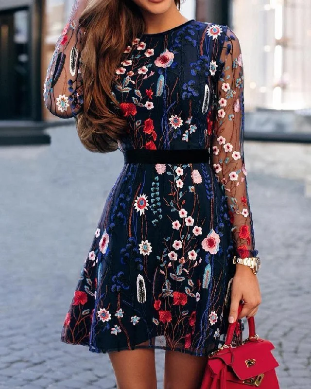 Women's High Collar DressesFashionSierra - Floral Embroidery Mesh Sleeve Mini Dress