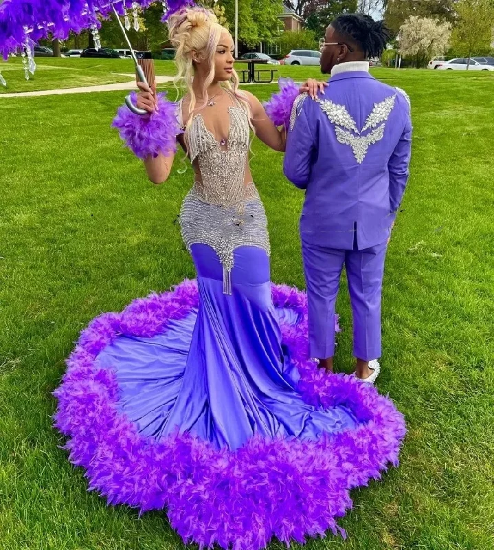 Women's Keyhole Collar DressesLuxury Purple Prom Dresses For Black Girls 2024 Rhinestone Feathers African Women Mermaid Party Gowns Vestidos De Festa