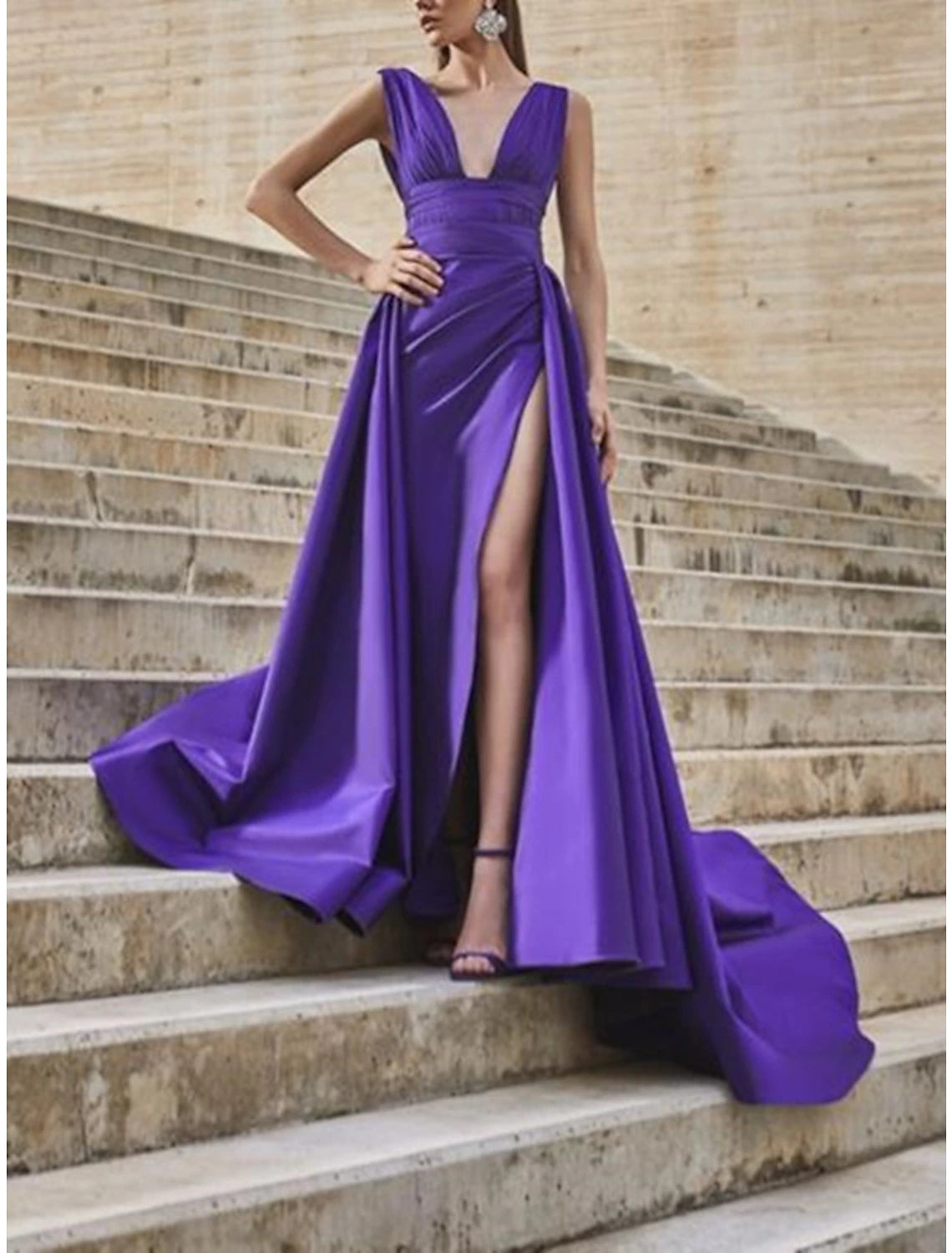 Women's V-Shaped-Neck DressesA-Line Celebrity Style Minimalist Elegant Engagement Prom Dress V Neck Sleeveless Court Train Satin with Slit Overskirt