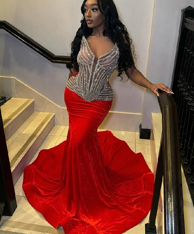 Women's Cap-Sleeve DressesRed Velvet V Neck Long Prom Dress For Black Girls 2024 Beaded Birthday Party Dresses Mermaid Evening Gowns Robe De Bal