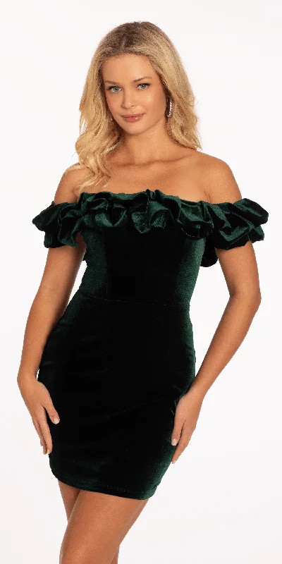 Women's Turtleneck DressesRuffle Off the Shoulder Velvet Bodycon Dress