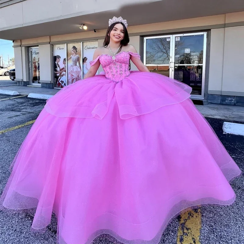 Women's Square-Back DressesPink Quinceanera Dresses for 15 Year 2024 Ball Gown Sexy Off the Shoulder Beads Crystal Tull Back Bow Long Party Dress for Girl