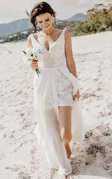 Women's High Collar DressesBeach Short V-neck Sleeveless Bodycon Wedding Dress with Chiffon Skirt