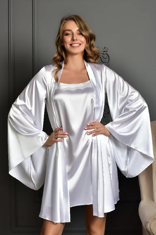 women's pajamas for yoga and meditationWhite satin nightwear set: Slip & Robe