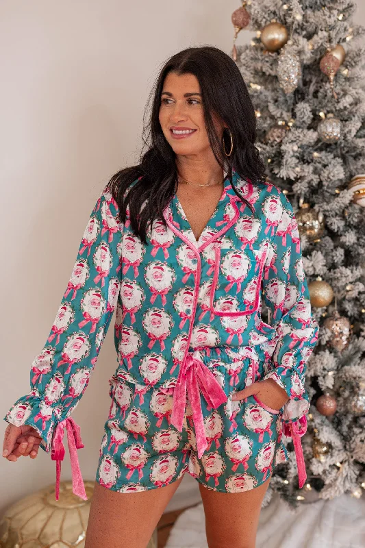 Women's Jumpsuits with Lapel CollarHello Santa Teal Pajama Set