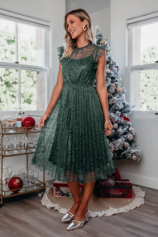 Women's Narrow Collar DressesGreen Floral Lace Pleated Midi Dress - FINAL SALE