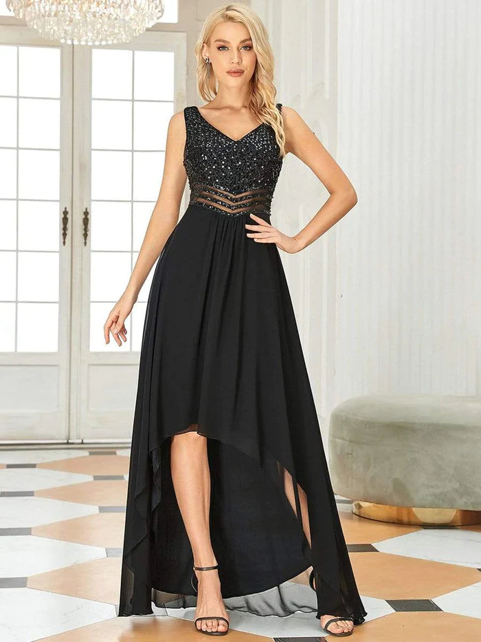 Women's Low Collar DressesSexy High-Low Maxi Chiffon Evening Dresses with Sequin