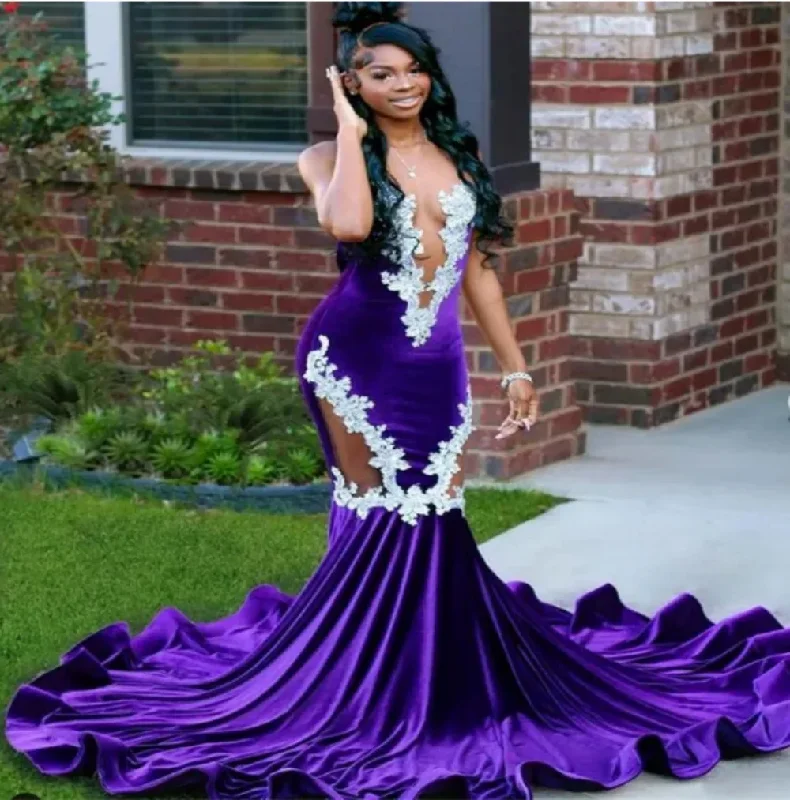 Women's Wide Collar DressesNew Purple Mermaid Velvet Prom Dress Lace Appliques Sheer O-Neck Sleeveless Formal Evening Dress Custom Floor-Length Party Dress