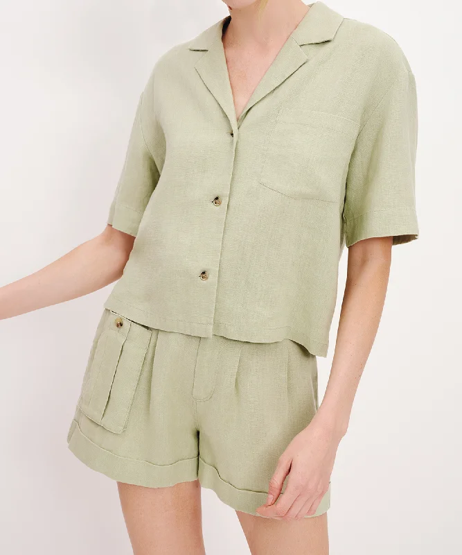 Women's Blouse with Long SleevesHeavyweight Linen Camp Shirt - Morning Mist