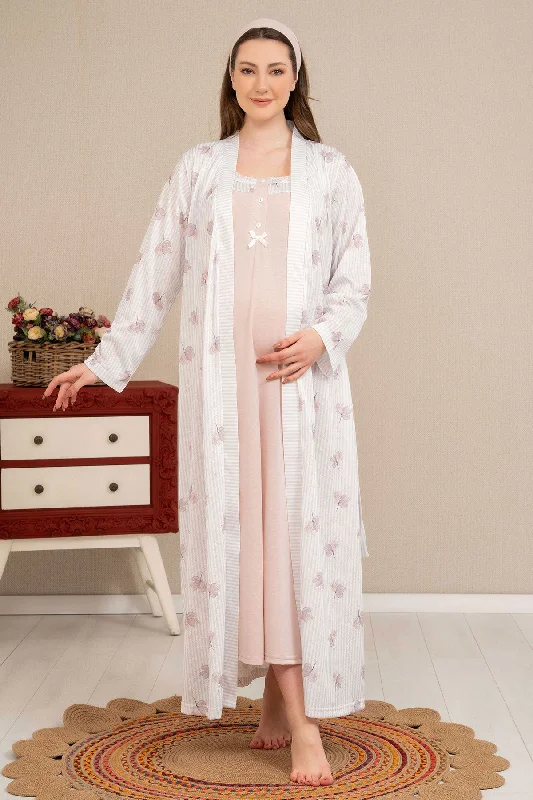 women's pajamas with drawstring waistShopymommy 4522 Strap Maternity & Nursing Nightgown With Flower Pattern Robe Dried Rose