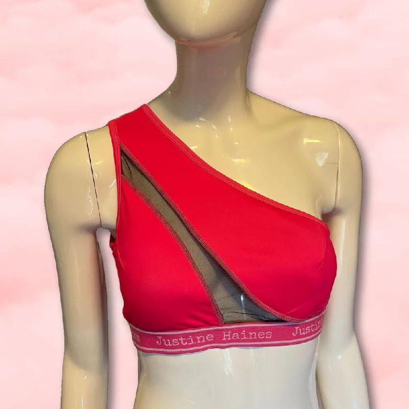 plus-size sports bra with mesh panelsOne Shoulder Sports Bra with see thru Mesh insert in HOT PINK