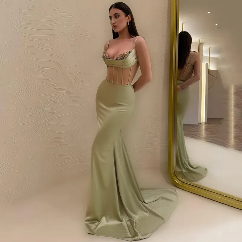 Women's V-Neck DressesNew Charming Light Green Sweetheart Mermaid Prom Party Dress Satin Spaghetti Strap Open Back Evening Dresses Vestidos de noche